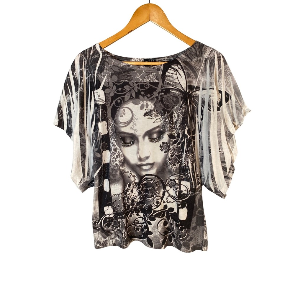 Joyce Leslie Graphic Top Medium Butterfly Portrait Y2K Whimsigoth Fairy Grunge